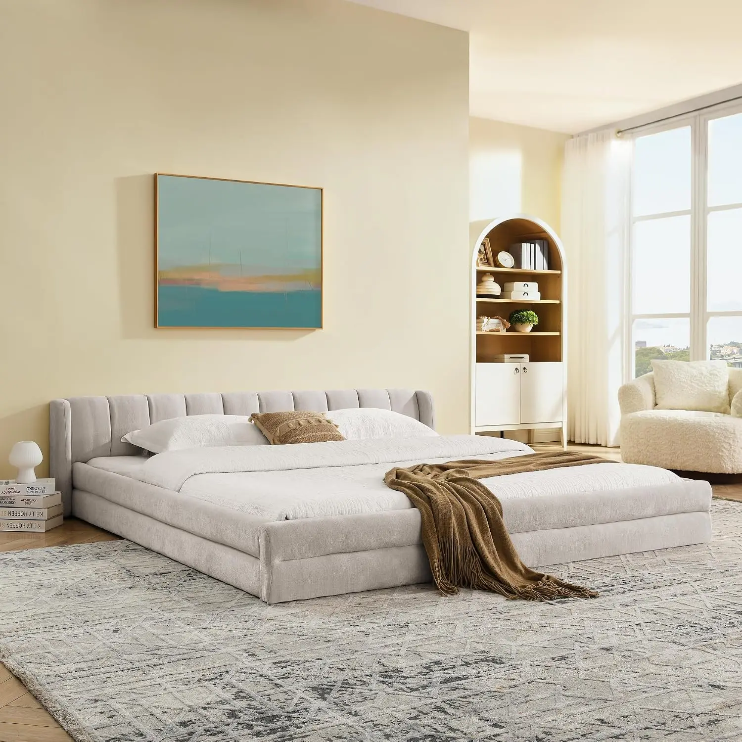 King Size Bed Frame with Cloud Soft Headboard, Chenille Upholstered Bedframe Grounded Wood Base Bed Frame, No Box, Custom