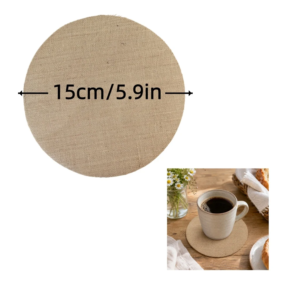10/20pcs round jute coasters increase in size by 5.9in inches, which is suitable for home coffee cup coasters