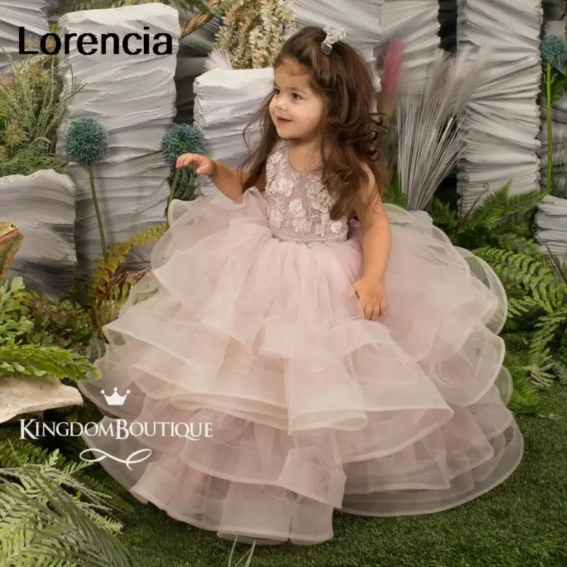 

Lorencia Puffy Pink Princess Ball Gown Flower Girl Dress For Wedding 2024 Lace Appliques Pageant Holy First Communion Gown YFD69