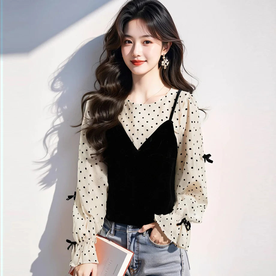 

Spring Long Sleeve Slimming Blouse With Bow Knot And Polka Dot Design