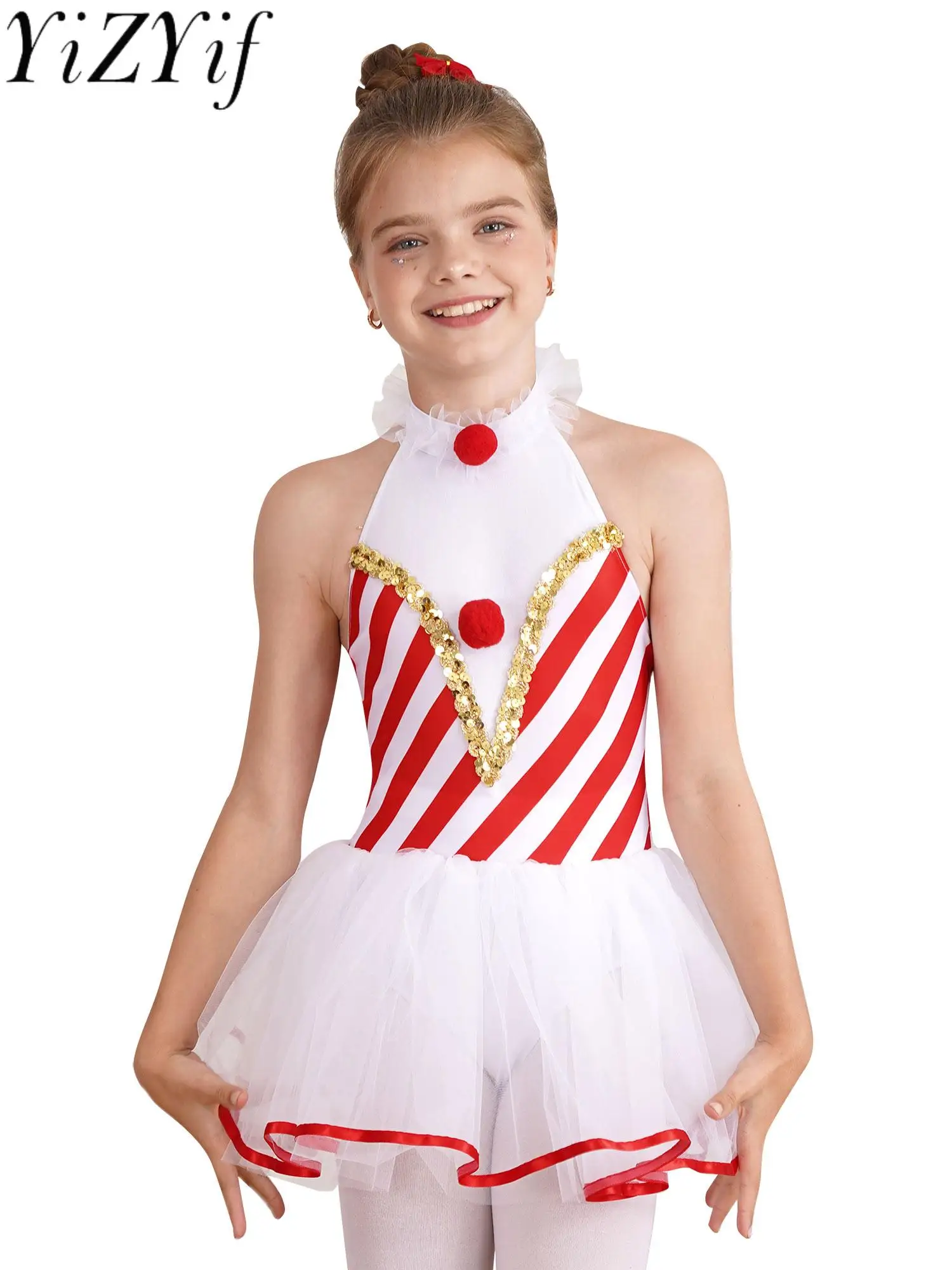 Candy Cane Christmas Dance Dress Girls Striped Sequins Mesh Tutu Ballet Leotards Figure Skating Dress Stage Performance Costume