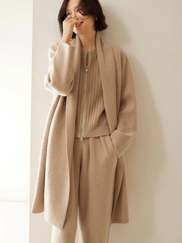 ADDONEE Women 100% Cashmere Sweater Coat Simple Style Long Cashmere Overcoat Autumn Winter Thick Cashmere Knit Cardigan Top