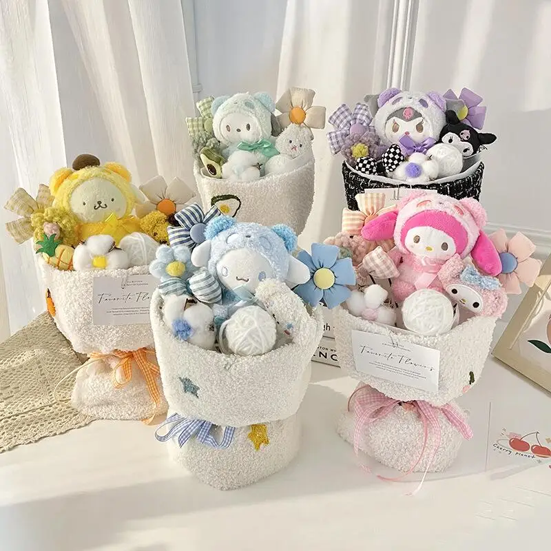 Cute Sanrio Bouquet Hello Kitty Plush Doll Flower Cartoon Cinnamoroll Kuromi My Melody Toys Flower Girl&Child Holiday Gifts