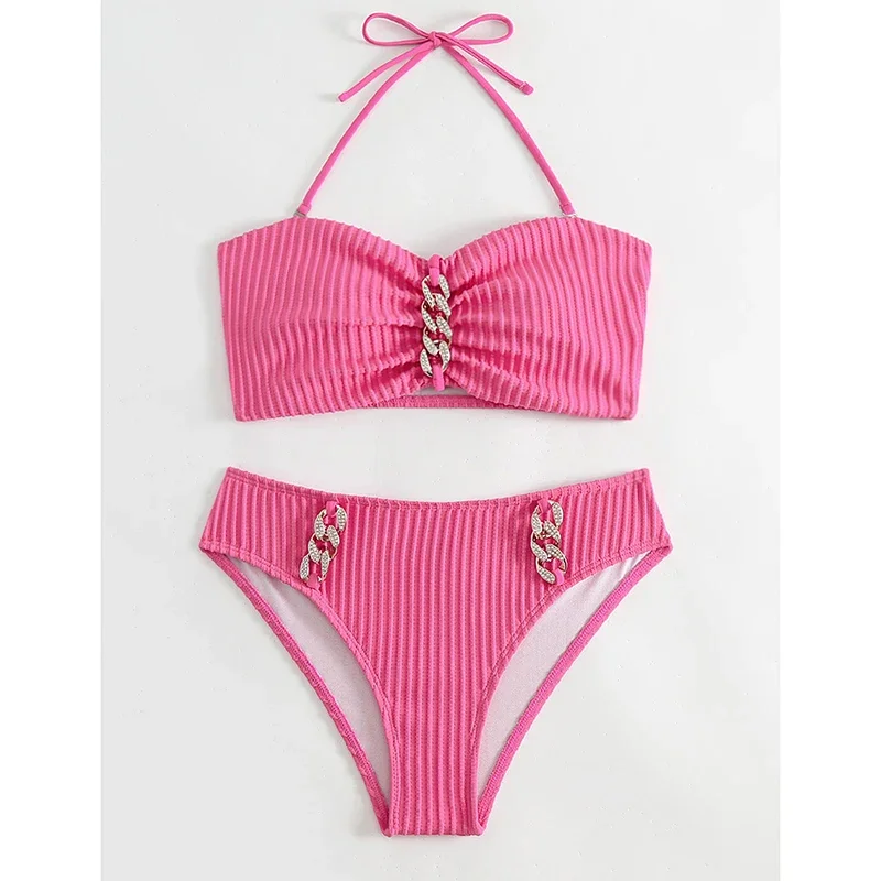 

Diamond Metal Decoration Swimsuit Women 2 Piece Sets Sexy Halter High Waist Bikini Bathing Suit Spice Girl Beachwear Swimwear