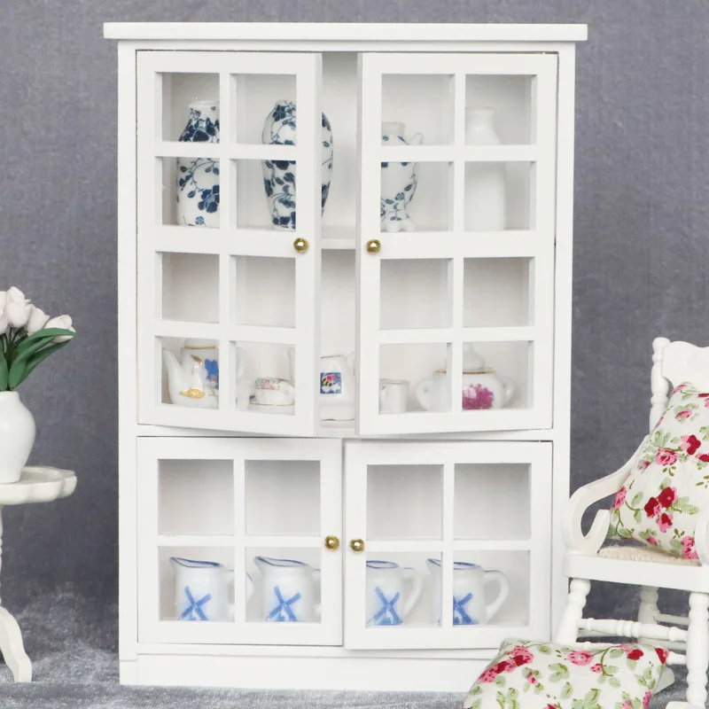 1:12 Dollhouse Miniature Furniture, White Four-Door Display Cabinet for Micro Scene Decor