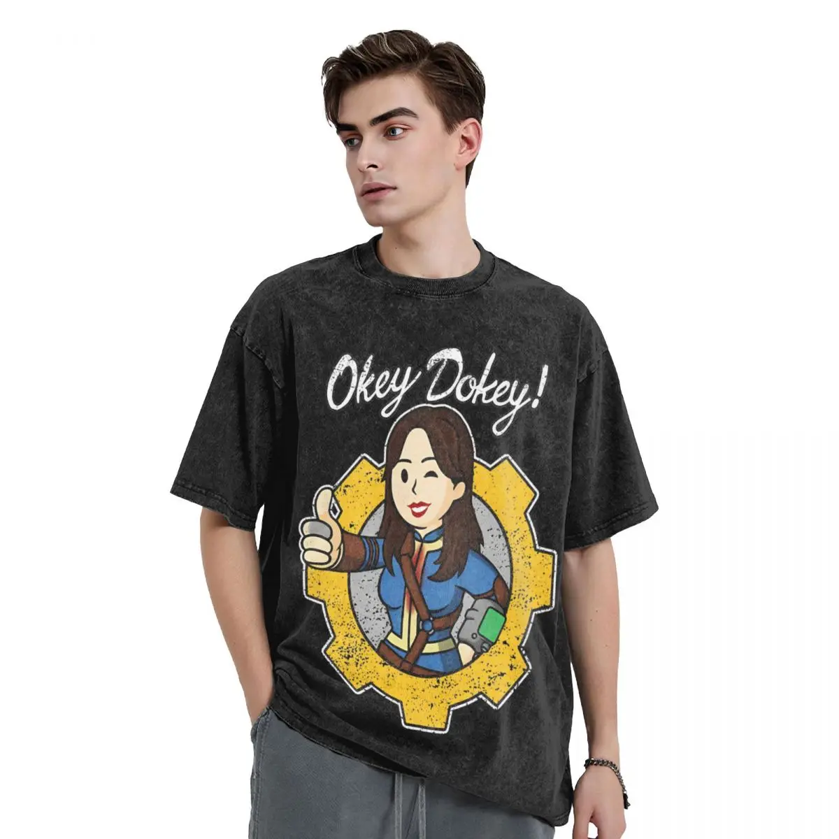 Okey Okey Vaulted Girl Washed T Shirt Streetwear Novelty T-Shirt Fallouted Tees Tops Men Women Short Sleeve Oversize Printed