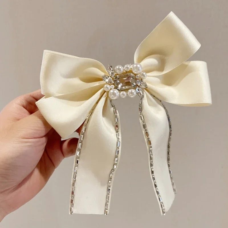 Retro Bow Hair Clip Barrettes Temperament Pearl Rhinestone pin Big Bow-knot Spring Women grip for Girls  Accessories