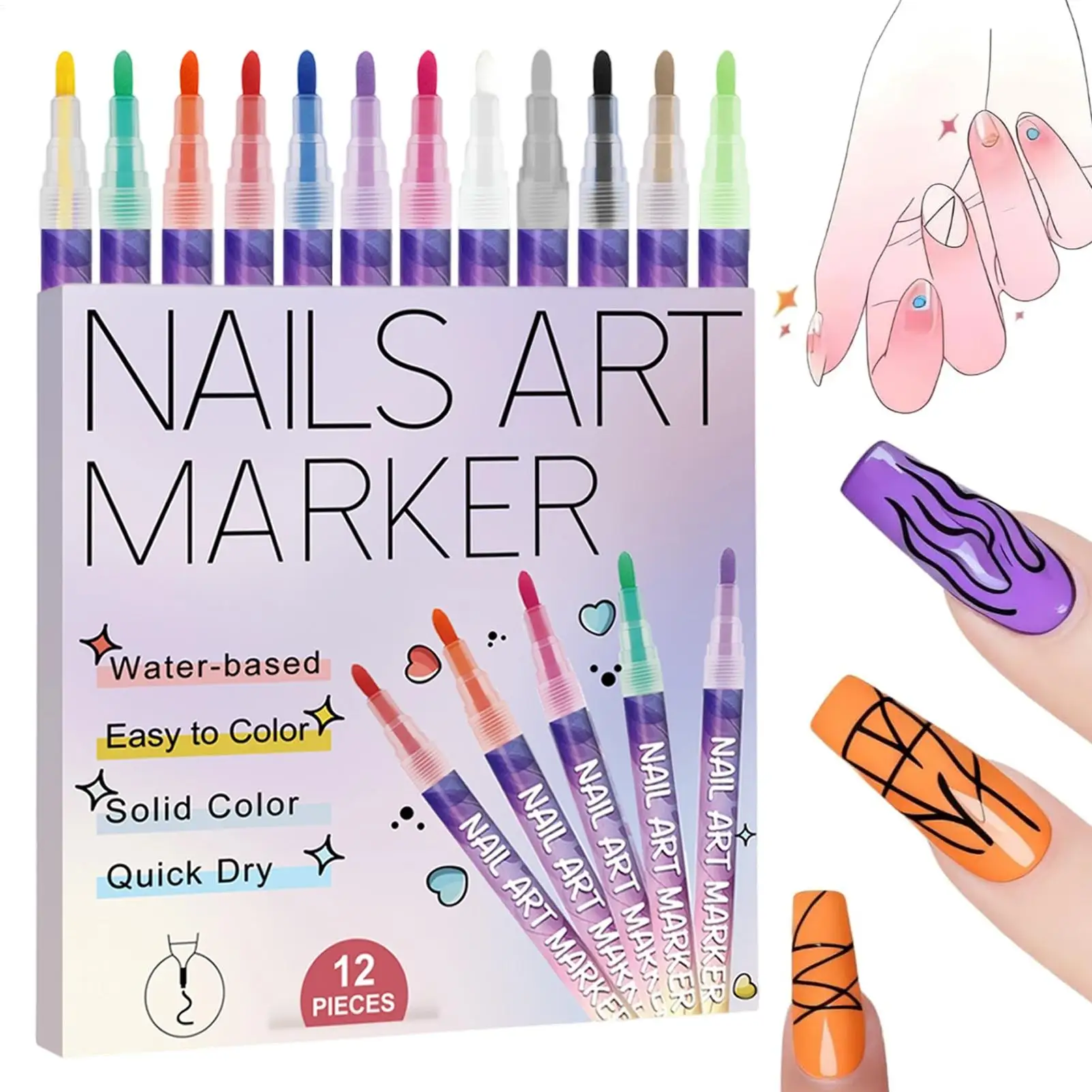12-Farben-Nagelstifte, schnell trocknende Malmarker, feine Spitze, Nagel-Doodle-Stifte, Nagelmalerei, Zeichenstift, Nagelkunst-Zubehör