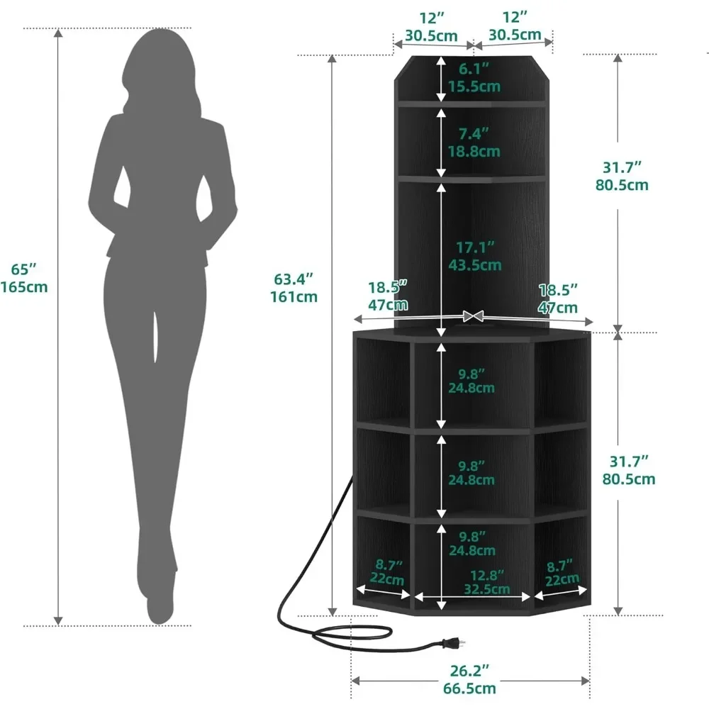 Customizable Corner Shelf with USB Ports & Outlets, Industrial Corner Storage Cabinet Rack Charging Station, Wooden Display Book