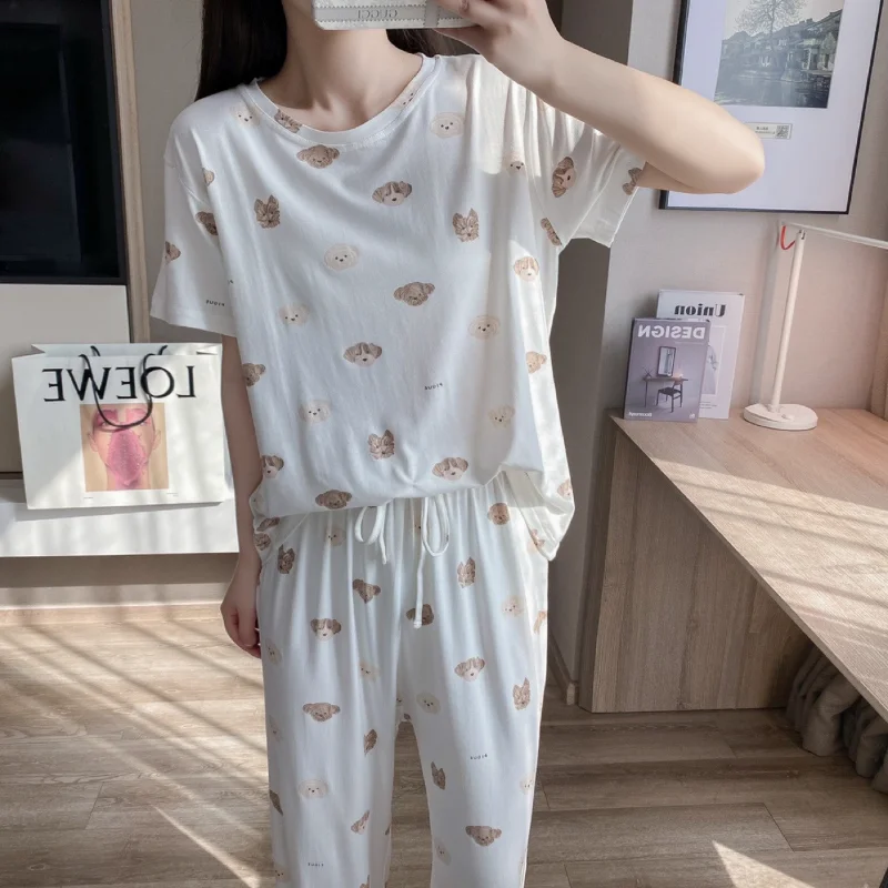 Kuzuwata Korean 2024 Summer Sets Womens Outfits Cartoon Bear Dog Modal Short Sleeved Pants Pajamas Loose Soft Printed Sleepwear