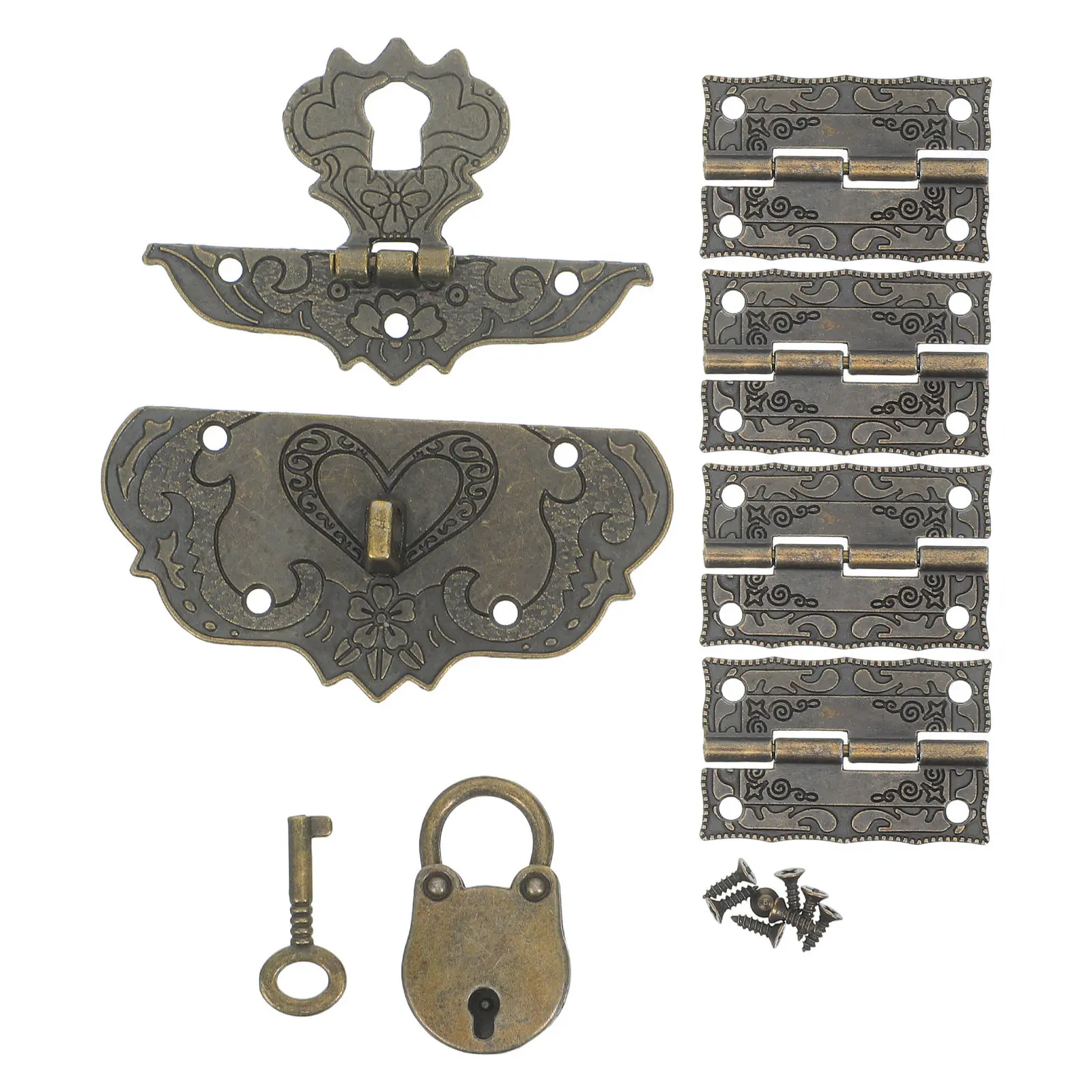 1Set Wood Box Hinge Set Bronze Decorative Hinges Latch Kit for DIY Keepsake Jewelry Box Small Cabinets Restoration