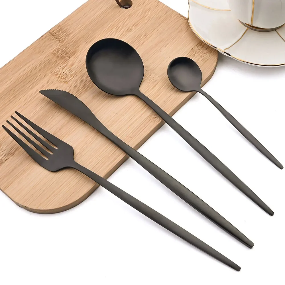 16Pcs Cutlery Set Black Gold Dinnerware Set Stainless Steel Matte Knife Fork Spoon Kitchen Silverware Flatware Tableware Set