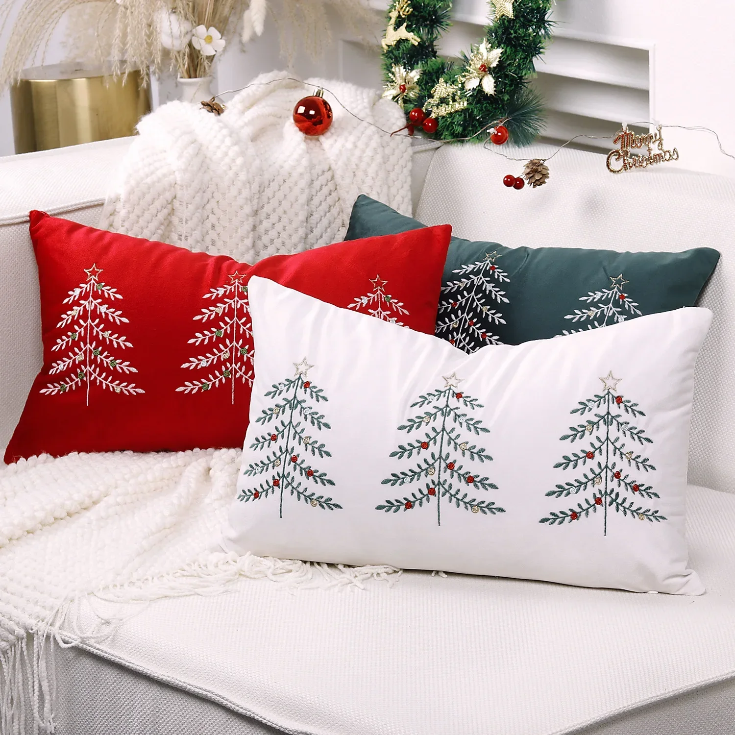 2PCS Merry Christmas Cushion Cover Letter Christmas Tree Embroidery Pillowcase Sofa Bedhead Waist Pillowcase Festival Decorative