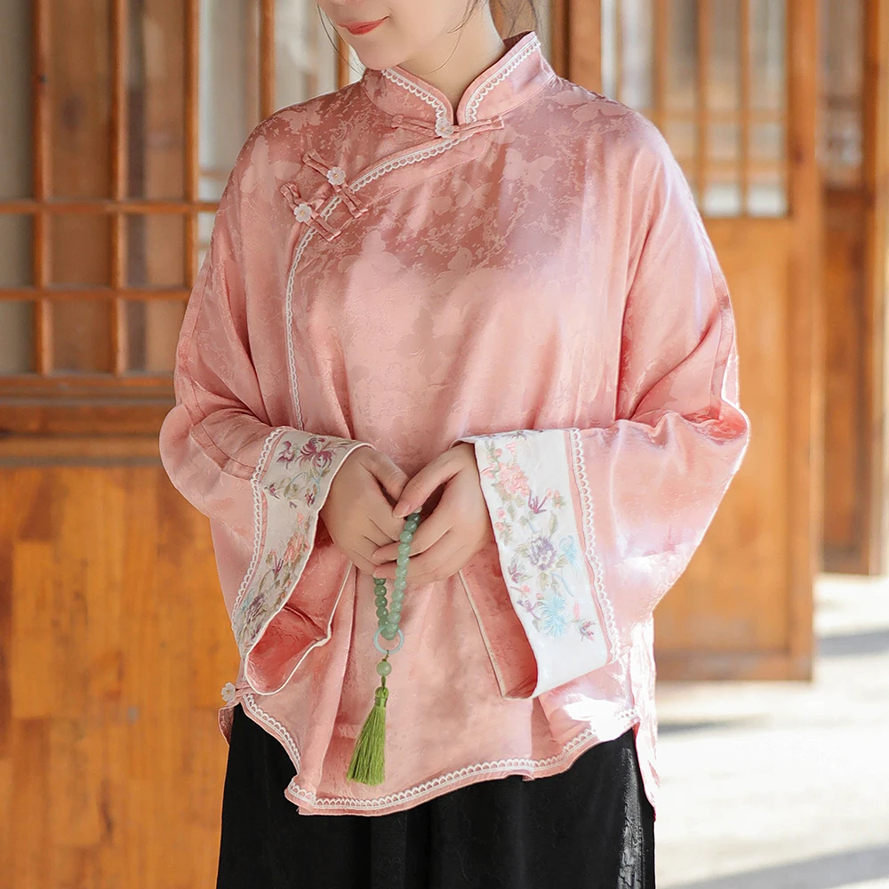 Women's Long Sleeved Stand Up Collar Top, Pink Embroidered Top, Chinese Tang Style, Casual Patchwork, Spring, Autumn