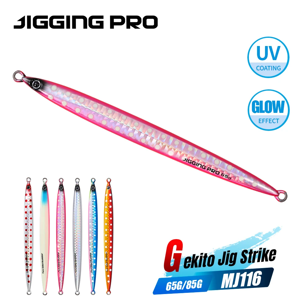 Isca de Pesca Vertical JIGGING PRO Gekito Jig Strike Metal Jig 45g 65g 85g 105g UV Glow para Pesca em Água Salgada de Longo Alcance para Atum GT