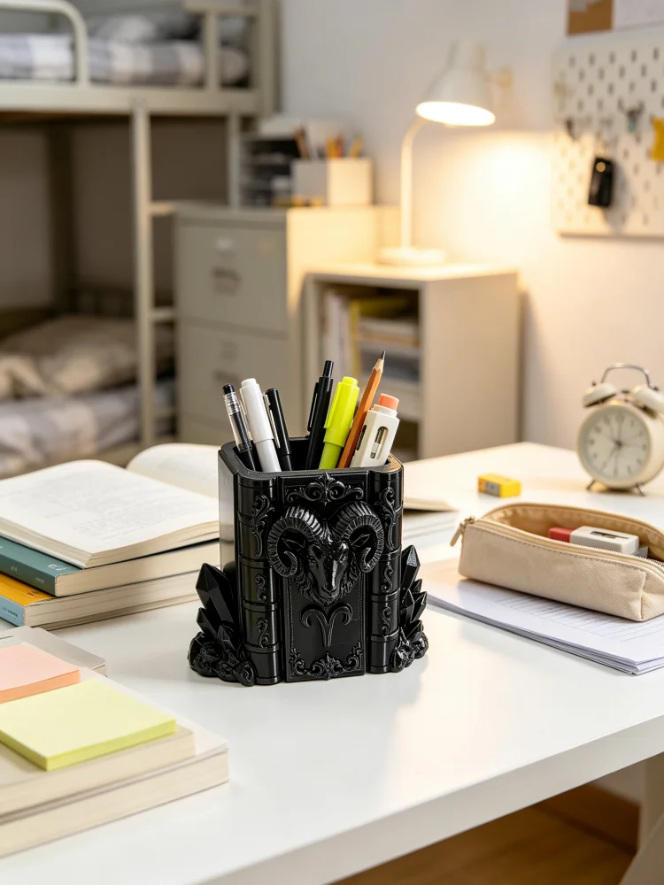 Goat Head Pen Holder, Ram Skull Desktop Ornament, Vintage Book-Shaped Gothic Style Pen Holder, Mysterious Crystal Engraved Pattern, Aries Zodiac Theme, Durable Matte Black Petg Material, Large Capacity Multifunctional Desktop Storage Container, Stable Base, Can Hold Fountain Pens, Pencils, Stamps, Suitable for Office, Study, Student Desks, Dark Aesthetic Room Decoration, Cool Desktop Accessory, Creative Desktop Decoration Gift for Office Workers