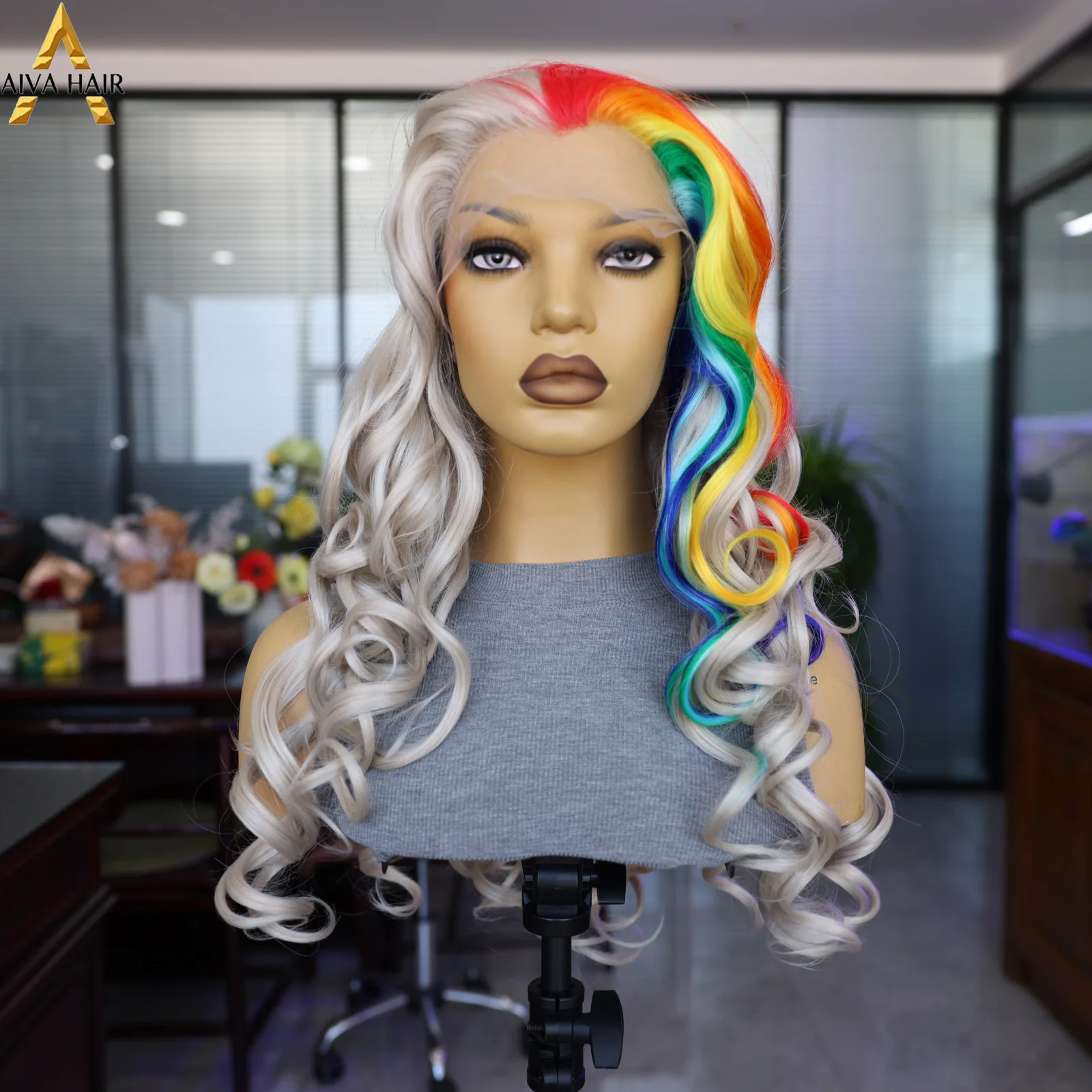 

Grey Synthetic Lace Front Wig Half Rainbow Long Wave Wig For Cosplay Party 180 Density Natural Hallline Breathable Mesh Cap