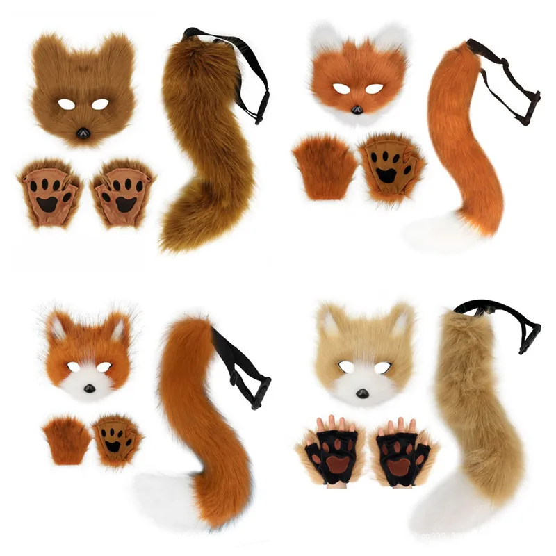 New Halloween Cosplays Costume Accessories Furry Fox Mask Wolf Fox Tail and Paw Gloves Set Theme Party Dress Up Props Kids Gift