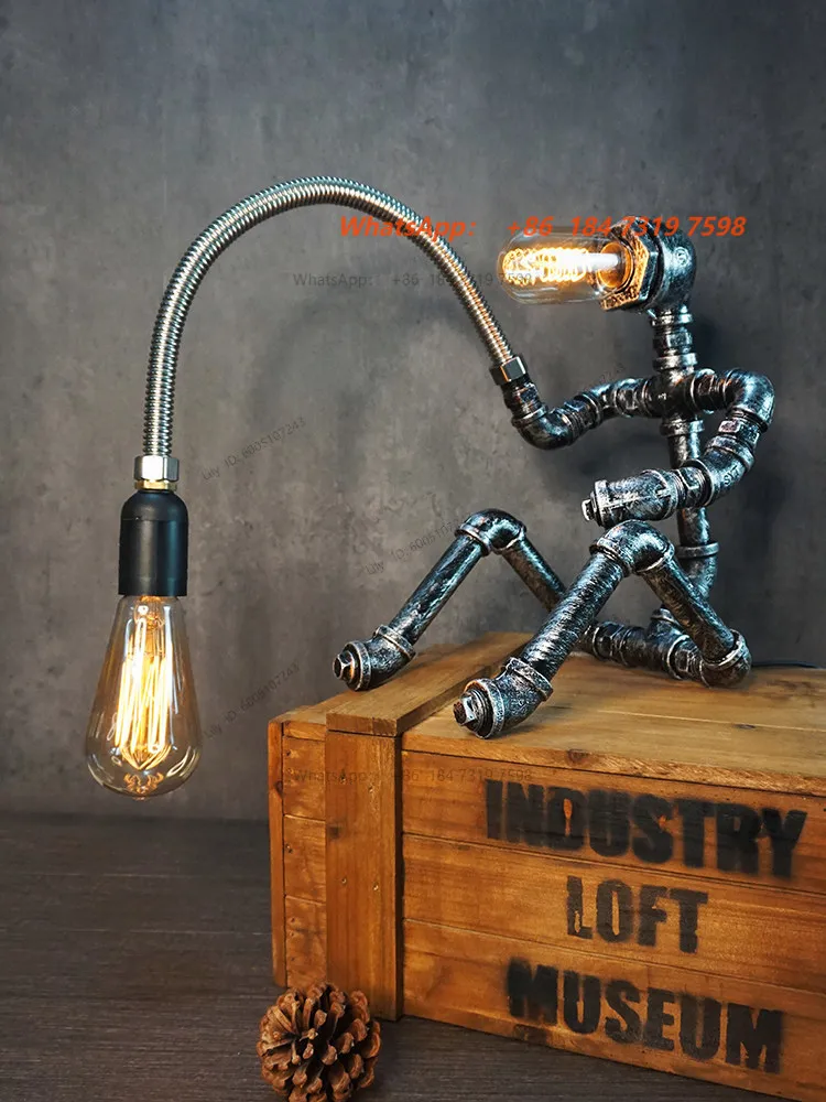 Creative retro, industrial style lighting, punk iron pipe desk lamp water pipe robot, decorative ornament