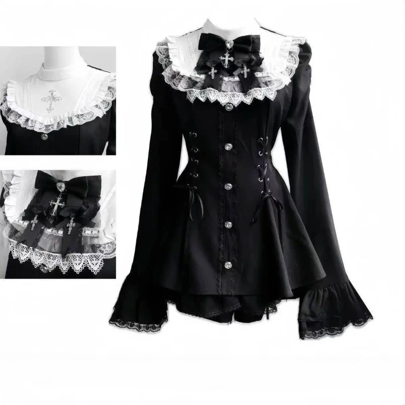 Y2k Aesthetic Lolita Style Bow Dress Shorts Set Japanese Women Gothic Lace Flare Sleeve Button Shirt Dress Punk Party Mini Dress 19 Sfb0b7d48417c43c1a49418f96d276d34P