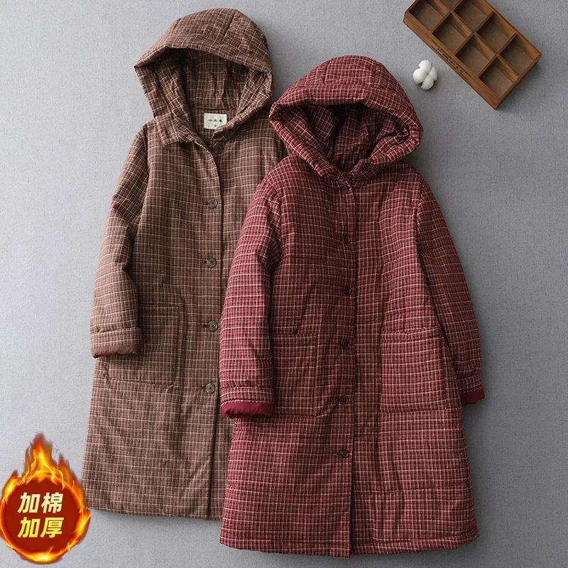 2025 Winter Fashion New Women's Hooded Cotton Jacket Commuter Grid Oversized Parker