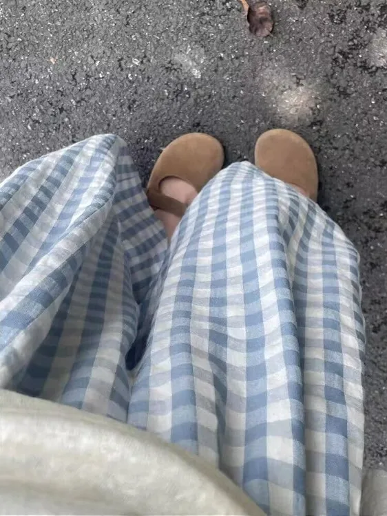 

Blue Plaid Casual Pants Loose Wide Leg Thin Summer Slimming Nine Point Lantern Pants for plus Size Women Commute Style Cotton...