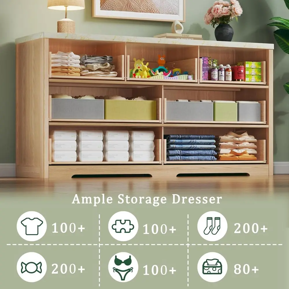 7 Drawer Bedroom Dresser with Antique Marble Top, Metal Handles, Wooden Chest, TV Stand, Natural Oak Storage Organizer