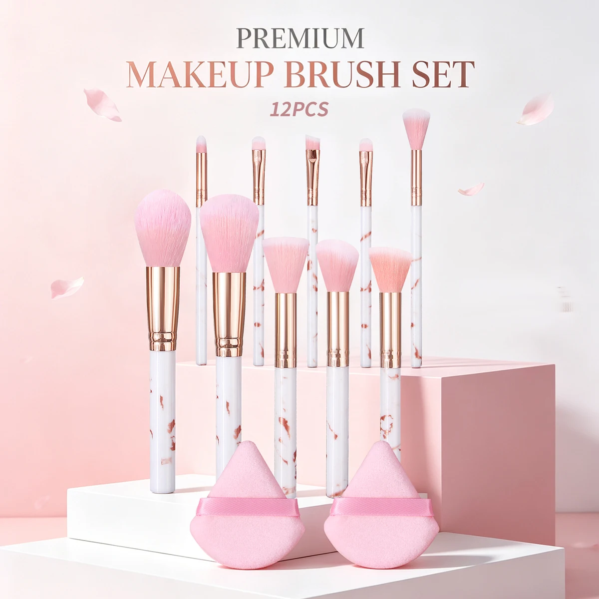 12PCS Marble Makeup Brush Set Soft Pink Brushes Professional Face Eye Cosmetic Brushes Kit with 2 Triangle Powder Puffs