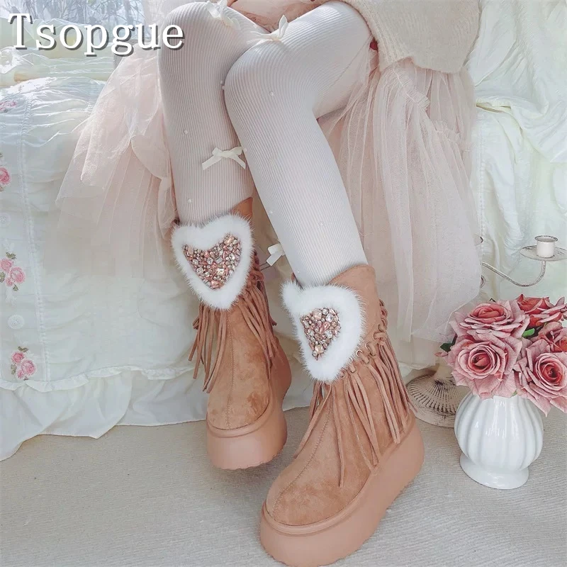 Rhinestones Sponge Cake Thick Soled Cotton Boots Women Winter New Thick Platform Warm Snow Booties for Outdoor Daily Holiday