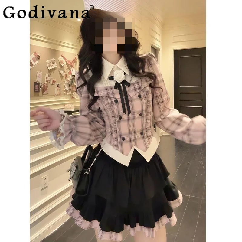 

JK Uniform Outfit for Women College Pink Plaid Shirt Top Pleated Short Skirt Suits Female Japanese Style Sweet Lolita Set