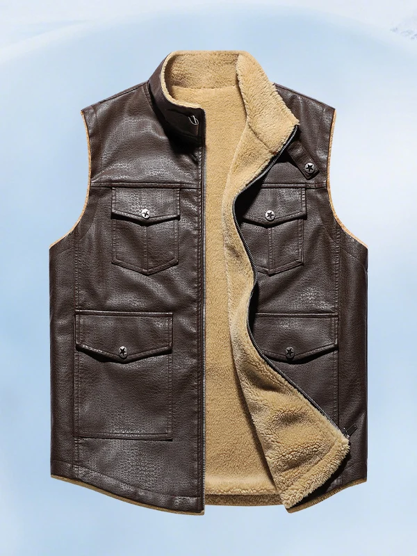 

Lamb Fur Leather Vest Men's Thiened Floing Skin Vest Busin Casual Svel Tank Top Stand Fit Faion Urban Sle