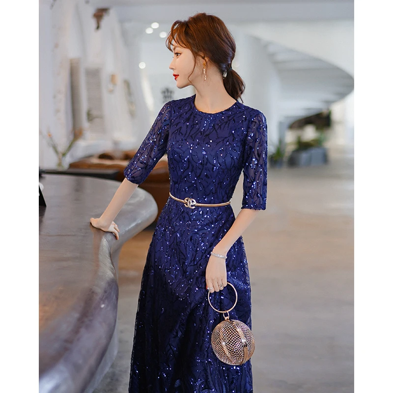 Royal Blue Long Formal Dresses For Women Elegant O-neck Sparkly Sequin Evening Dresses