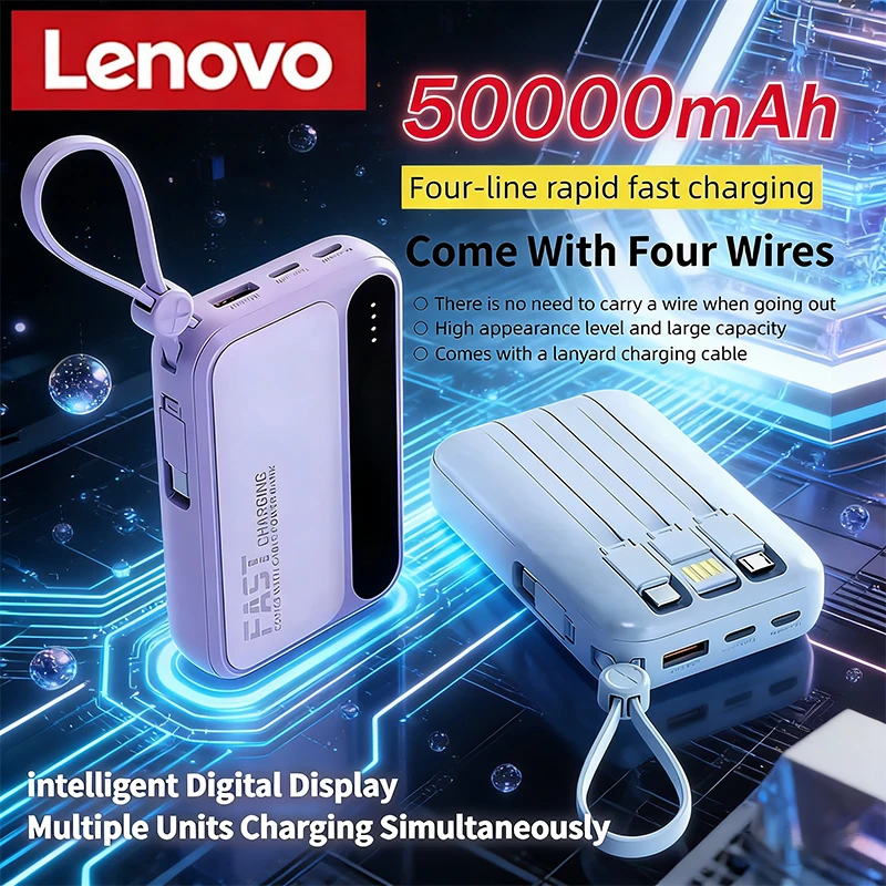 

Lenovo Built in Cables Power Bank 4 In1 50000mAh Large Capacity Intelligent Digital Display Light Portable Battery For Samsung