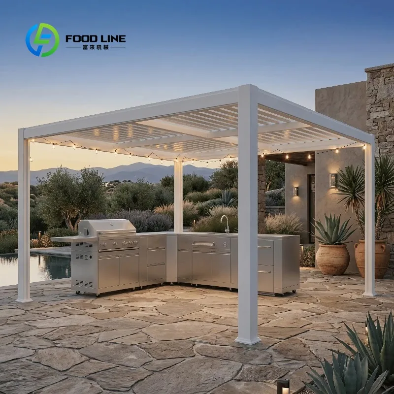 Customized Adjustable Roof Modular Stainless Steel Outdoor Kitchen with Aluminum Pergolas with Grill Outdoor Kitchen System