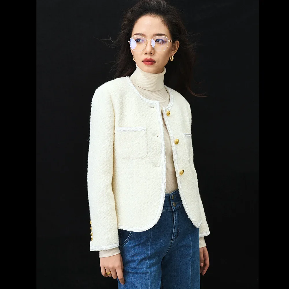 

Spring and Autumn Classic Wool Small Fragrant Wind Gold Button Crew Neck Small Commuter Short Top Jacket Women