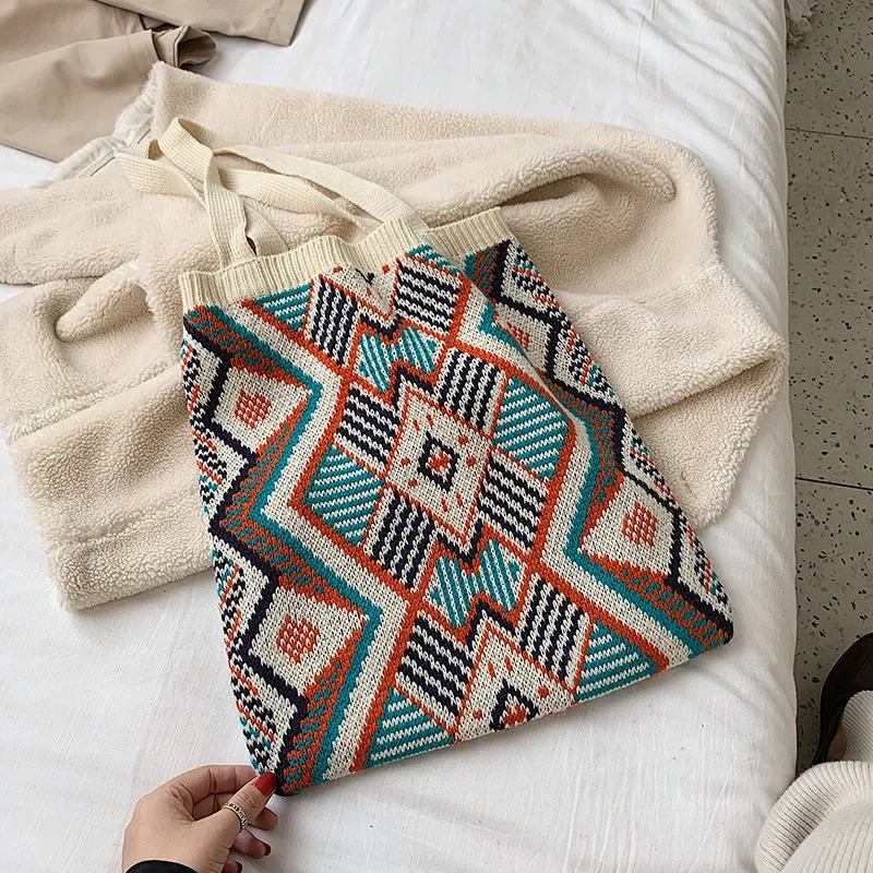 Lady Knitting Gypsy Bohemian Boho Chic Aztec Tote Bag Women Crochet Woolen Open Shopper Top-handle Bag 2021 Female Daily Handbag