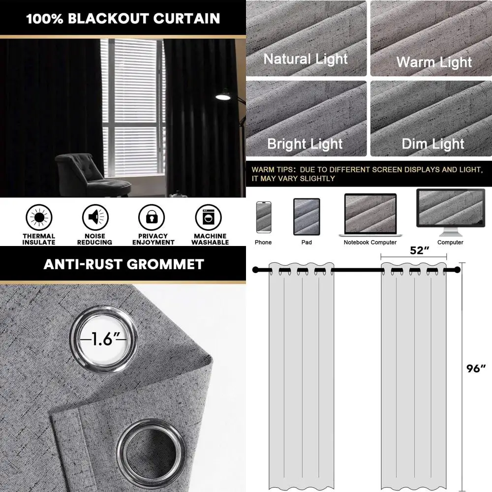 

Затемняющие шторы с льняной текстурой и белой изолированной подкладкой, 52x96 дюймов, для спальни/гостиной
