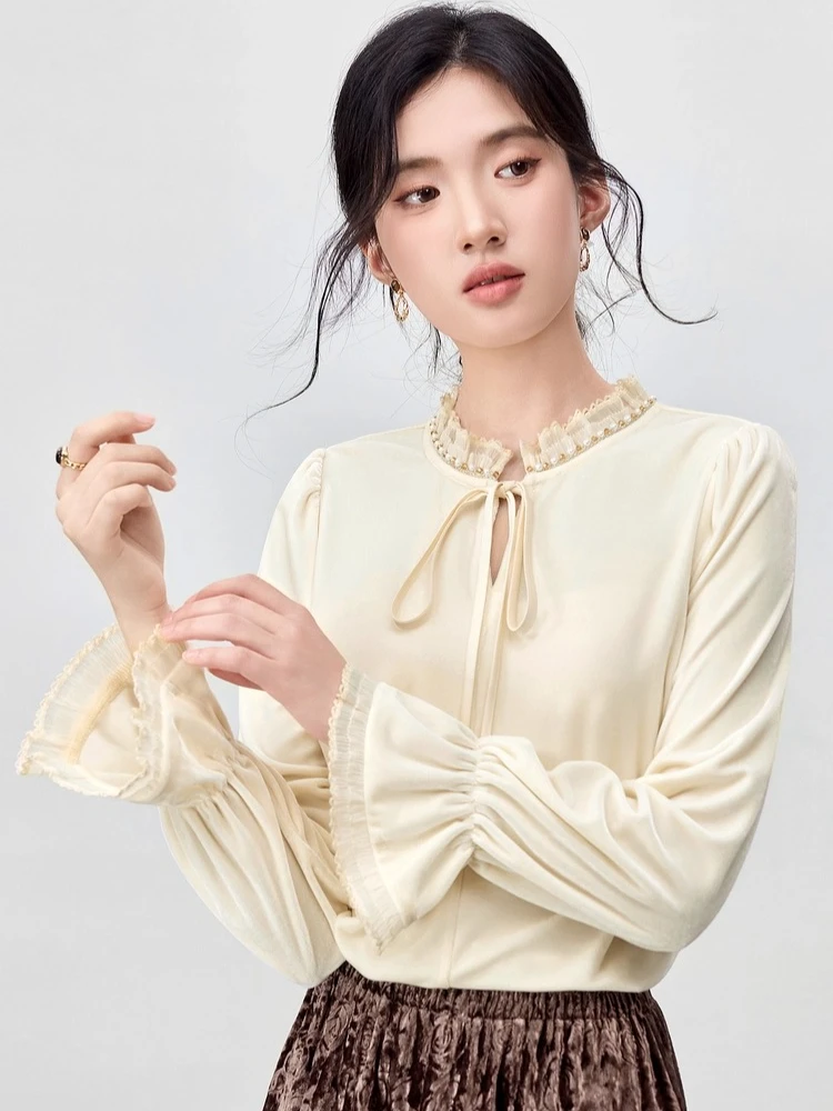 

SENTUBILA женская бархатная рубашка, осень 2022, модный топ с жемчужными лацканами и рукавами-бабочками на шнуровке, элегантная пригородная блузка 154CB3947