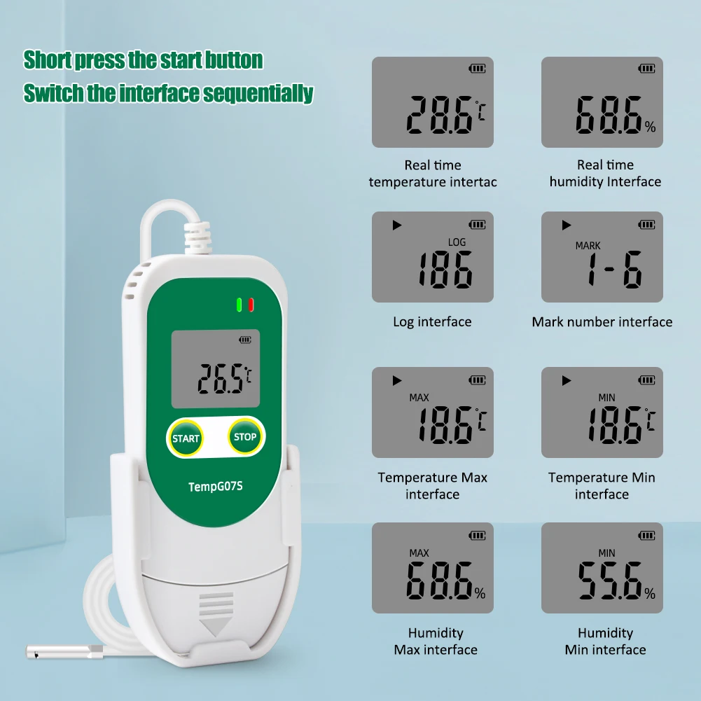 TempG07S Rejestrator temperatury i wilgotności IP65 Precyzyjny raport CSV/PDF Alarm 34560 Zestawy danych do monitorowania łańcucha chłodniczego