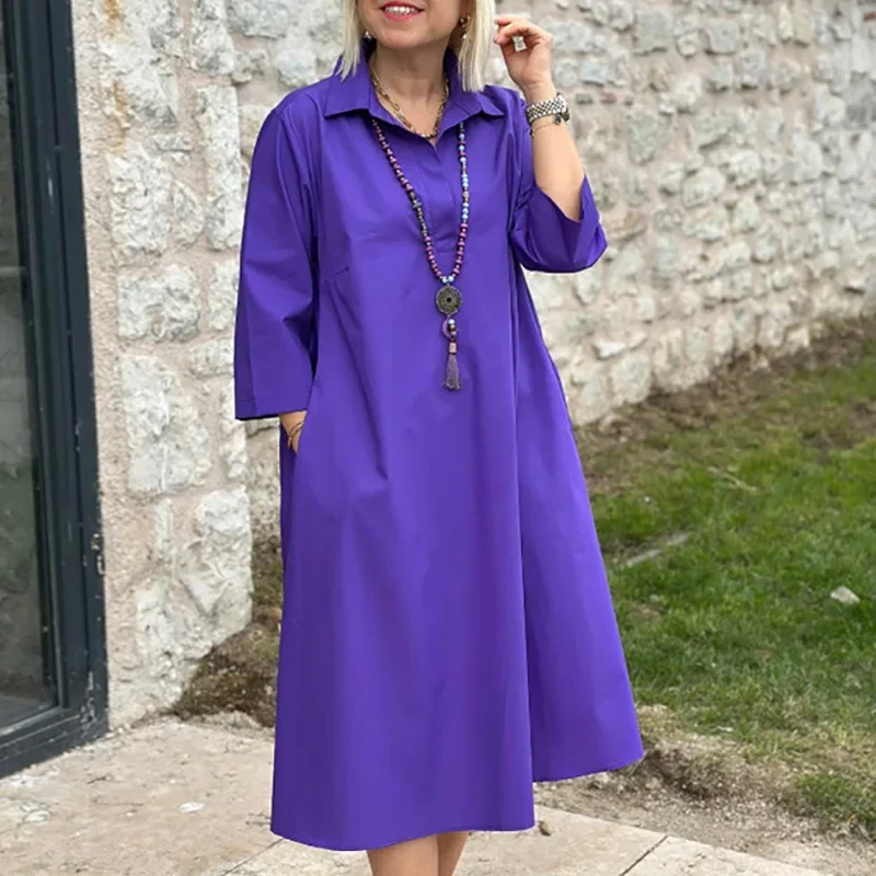 Lente Zomer 3/4 Mouwen Losse Shirt Jurk Kantoor Dame Revers Zakken Effen A-lijn Jurk Eenvoudig Temperament Woon-werkverkeer Midi Jurk