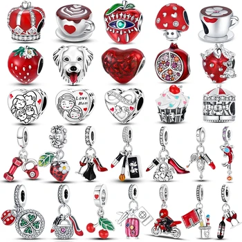 새로운 100% 925 스털링 실버 레드 컬러 시리즈 하트 모양의 매력 비즈 맞는 Qikaola 925 오리지널 팔찌 럭키 쥬얼리 선물