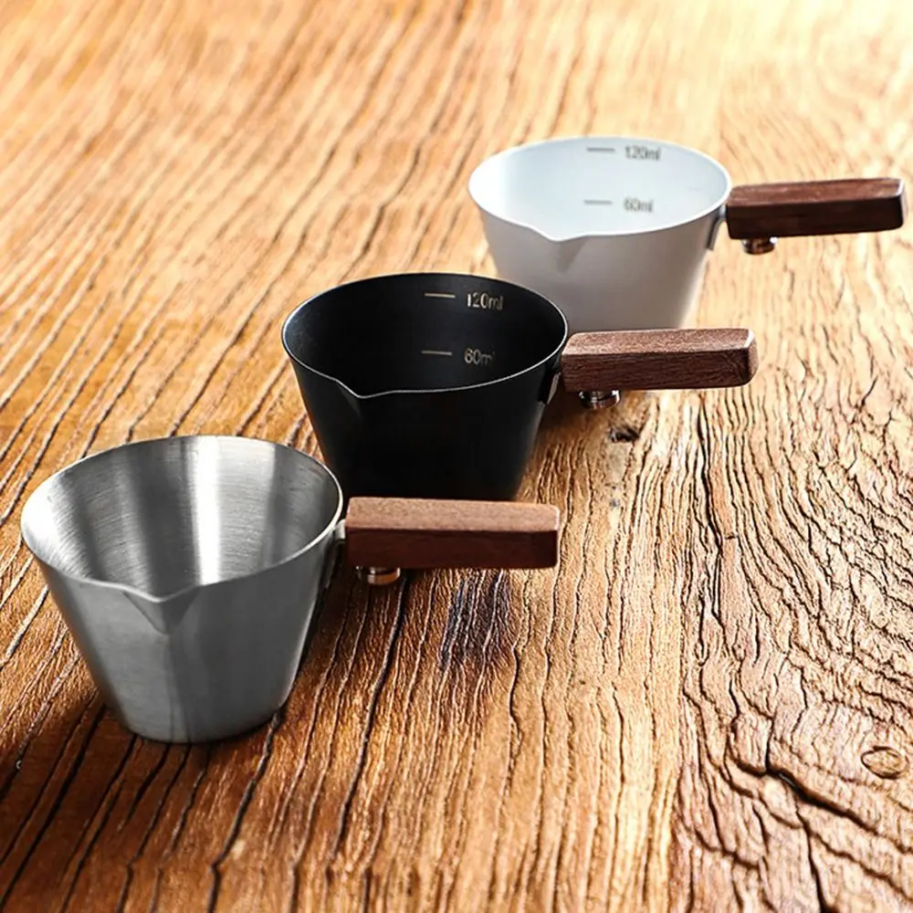 

304 Stainless Steel Espresso Measuring Cup Thicken with Scale Coffee Extraction Mug Wood Handle Heat-resistant