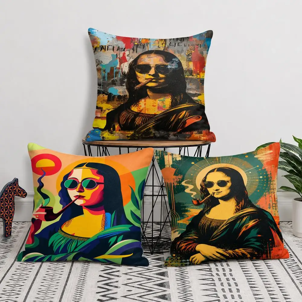 Cool Mona Lisa Art Cushion Cover Silky Short Plush Invisible Zipper Dustproof Sofa Pillow Case For Home Decor