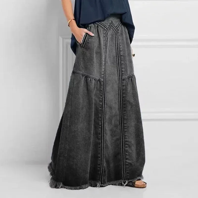 Women Y2k Skirt Denim Long Skirts Loose A Line Elastic High Waist Skirt Pocket Jeans Autumn Winter Casual Elegant Mom Streetwear