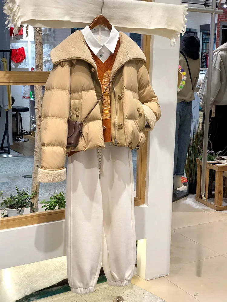 Único ort feminino para baixo jaet gola grande coreano sle casaco de inverno thiened branco du pena corte reto commute vento