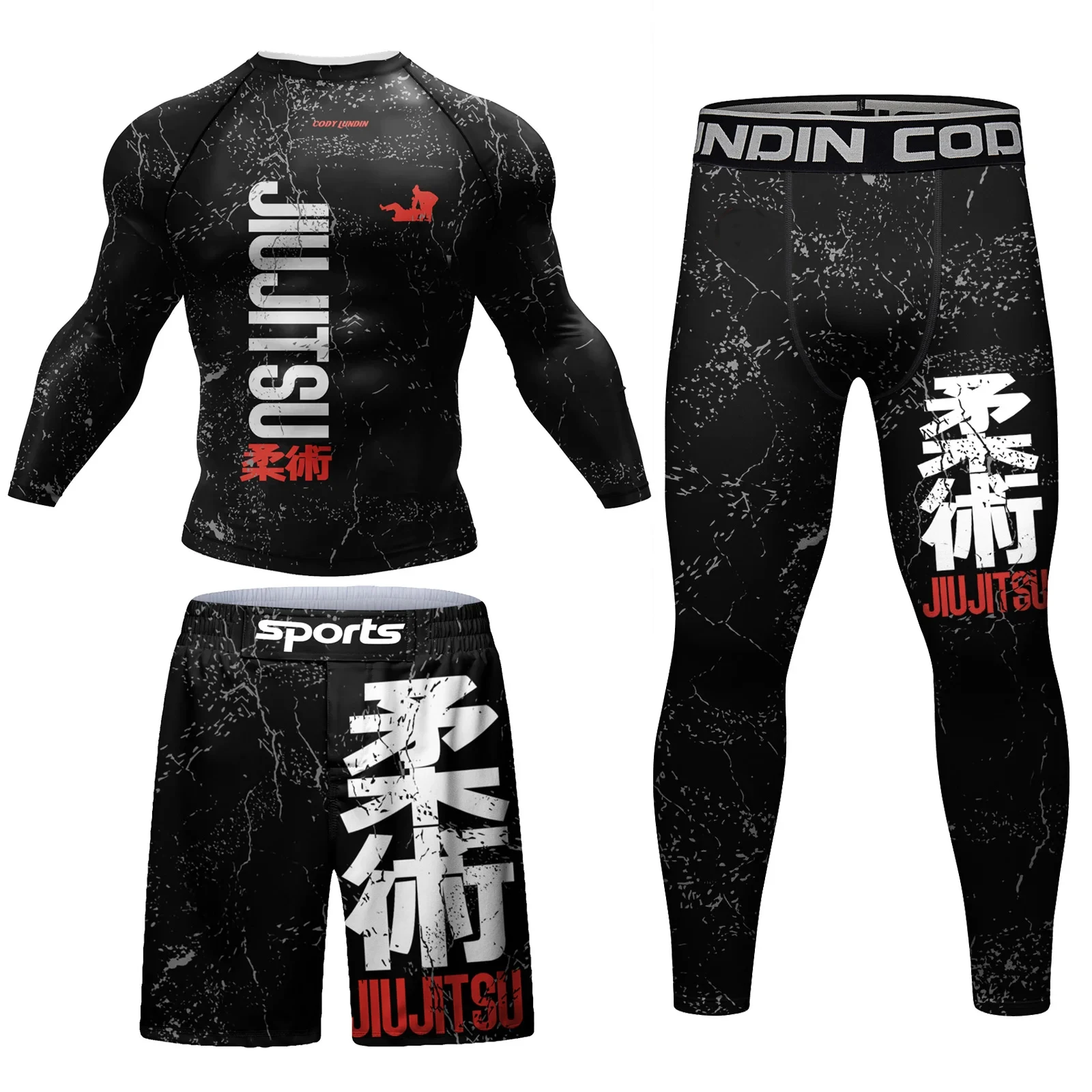 

3 Pieces CODY LUNDIN Sports Suit Men Mma Jiu jitsu Rashguard Set Men boxing jerseys Set Compression Sublimation Active Wear