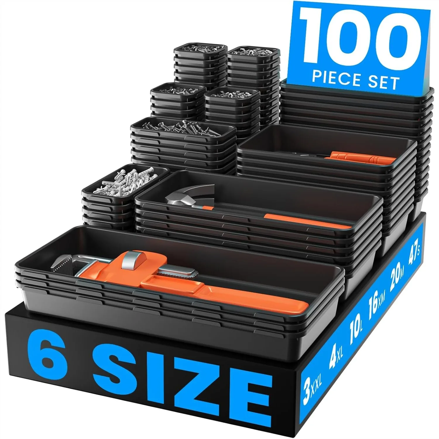 

Tool Box Organizer Tray Set 100 Pcs 6 Sizes Black Plastic Drawer Divider Garage Storage for Workbench Office
