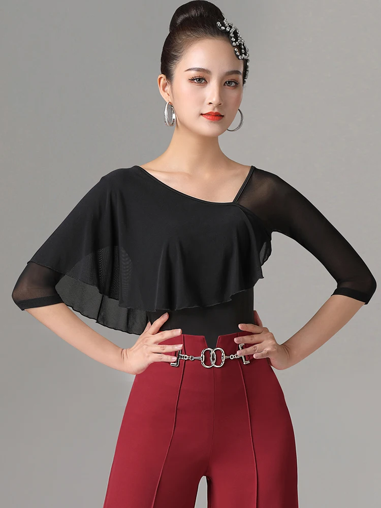 بلوزة رقص لاتيني أنيقة للنساء البالغات، ملابس رياضية تنافسية عصرية قياسية، مصنوعة من البوليستر بأكمام قصيرة، مناسبة لرقصات ال...