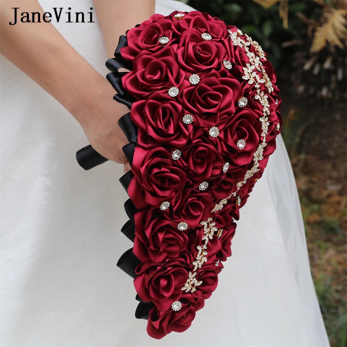 JaneVini Vintage Burgundy Rose Waterfall Bridal Bouquets Satin Cascading Bride Flowers Rhinestone Crystal Bouquet Ramo Para Boda