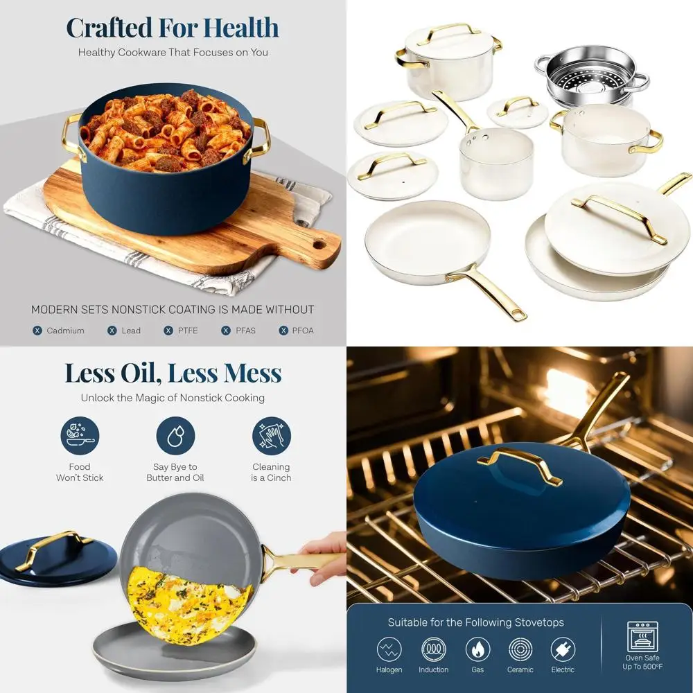 

Elegant 11-Piece Ceramic Cookware Set: Non-Stick, Induction Compatible, with Steamer, Cool Handles, PFOA-Free, Oven & Dishwasher